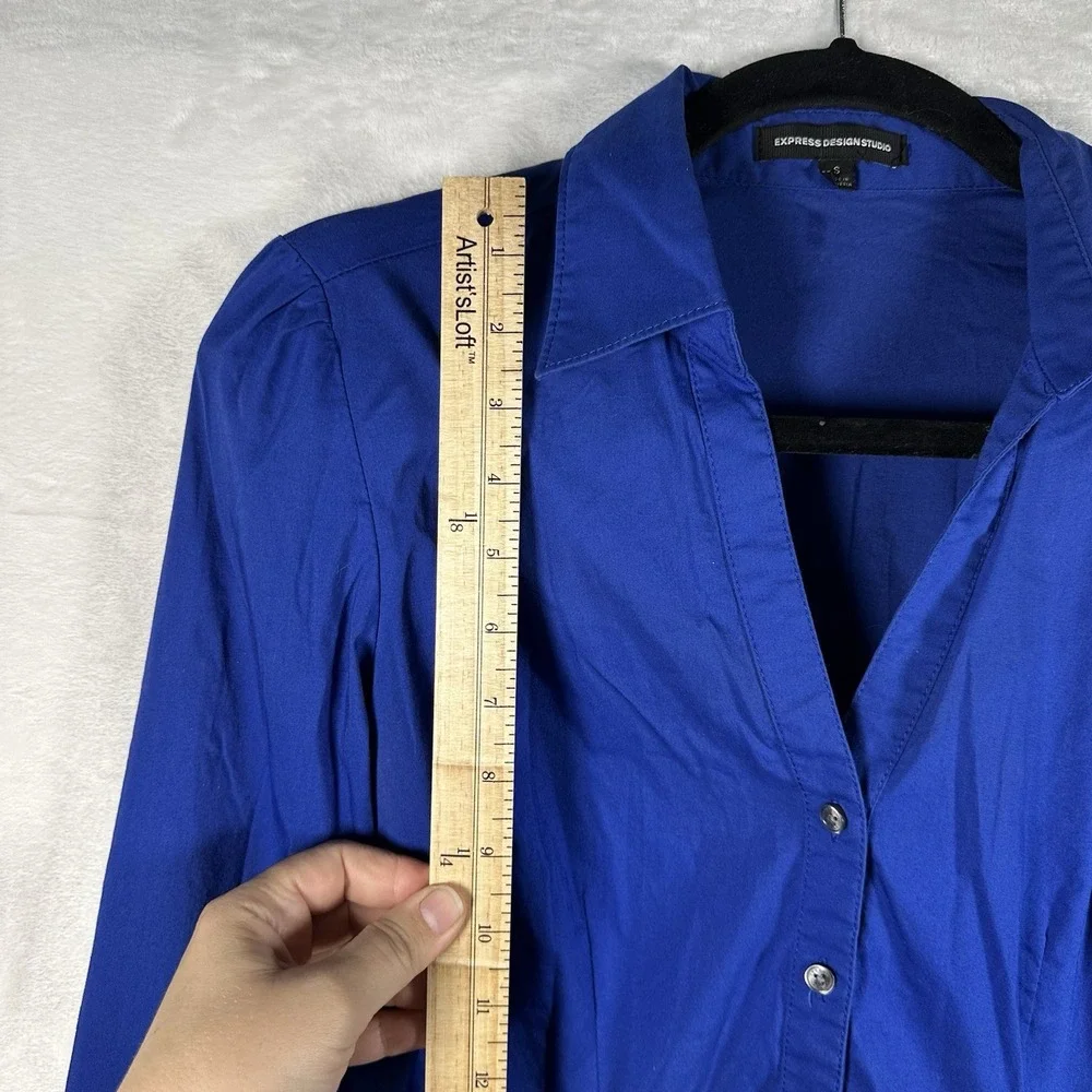 Express Button Up Blouse. Women's S. Royal Blue. V-Neck. Cuff Detail. - Picture 2 of 8